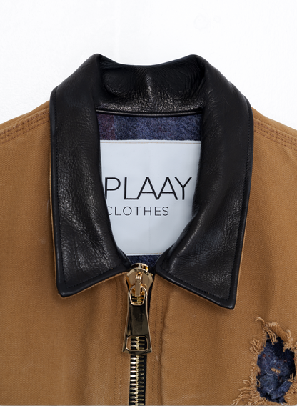 Aged Distressed Waist coat– Tan/ with blk leather collar